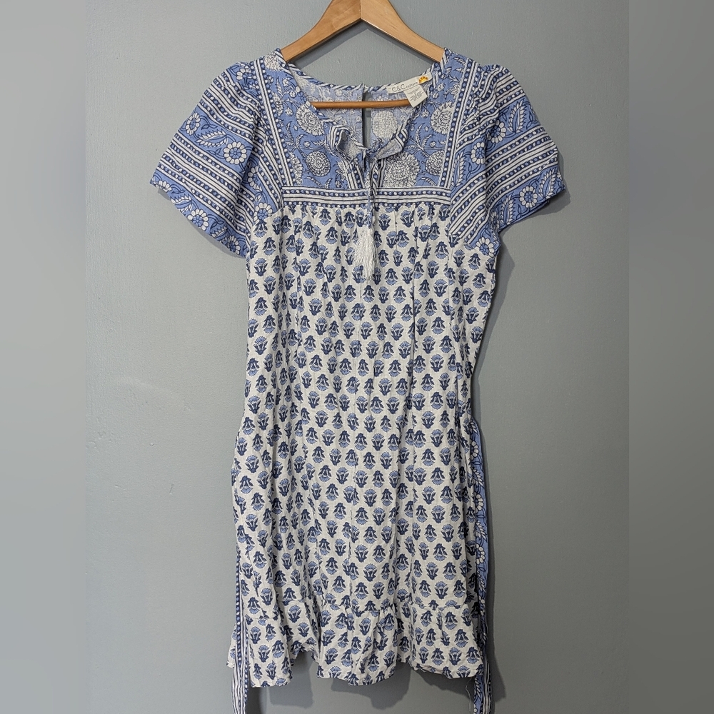 C&C California‎ Linen Blend Floral Tassel Tie Dress Ruffle Prairie Style